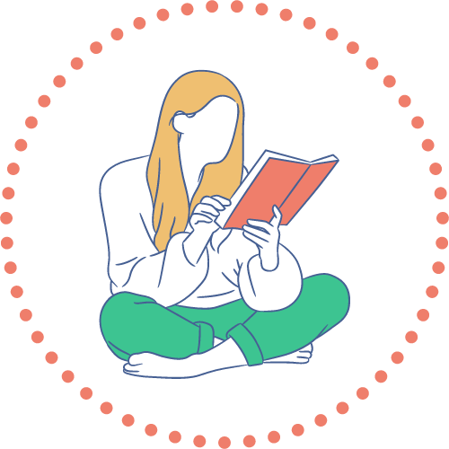 Line art of blonde woman sitting and reading a book